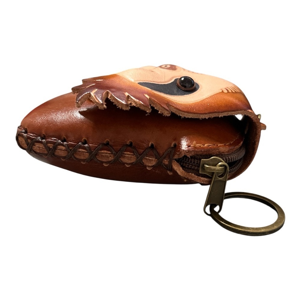 🦥 Genuine Leather Sloth Coin Purse | Brown Wristlet & Keychain - Picture 3 of 9